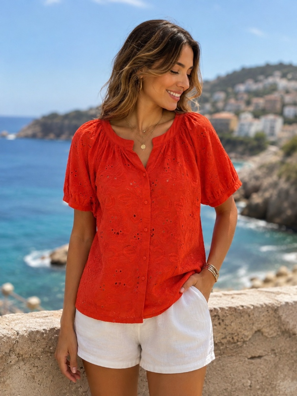 Calypso St Barth Blouse Red Resort-Wear Boho Size XL
